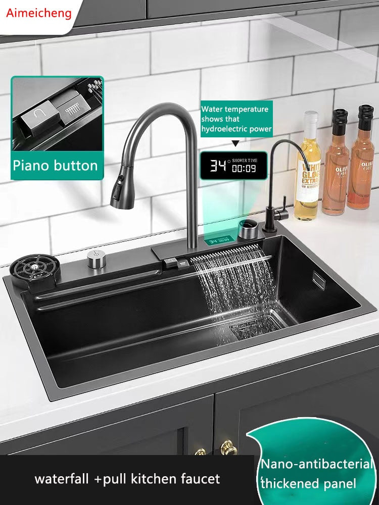 2022 Waterfall Sink Kitchen Stainless Steel Topmount Sink Large Single Slot Wash Basin With Multifunction Touch Waterfall Faucet