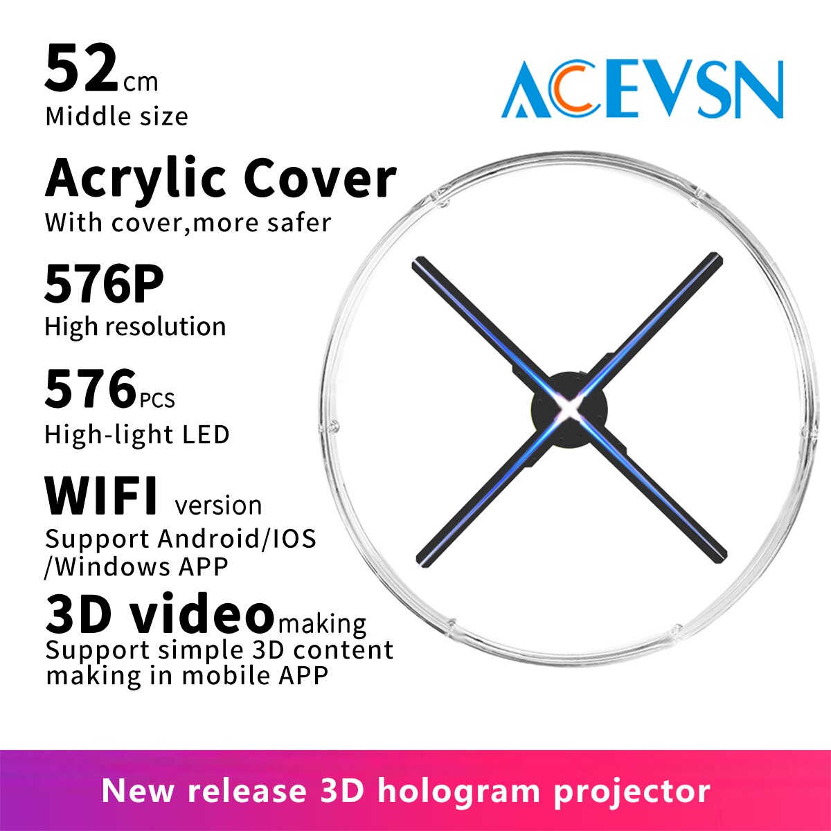52CM WIFI 576Pcs LED with Protect Cover 3D Holographic Projector Advertising Display Hologram Fan Imaging Light Lamp