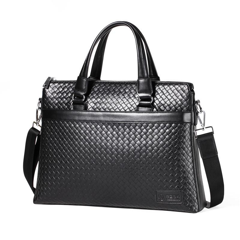 portable briefcase mens leather computer bag knitted hand bag single shoulder bag high end leather cross border custom