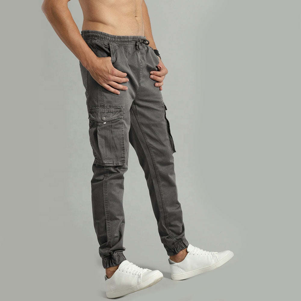 Custom men black drawstring waist nylon pants snap button side pockets zipper detail relax fit cargo camo pants