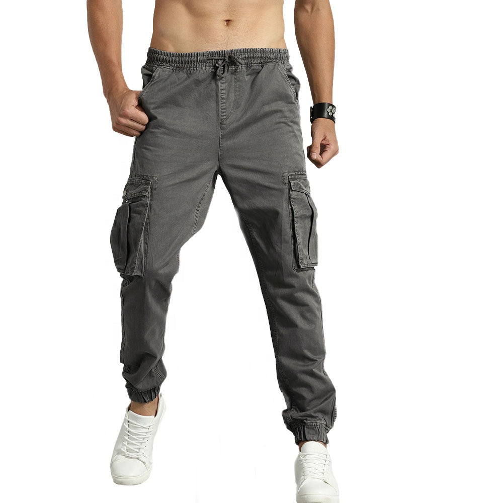 Custom men black drawstring waist nylon pants snap button side pockets zipper detail relax fit cargo camo pants
