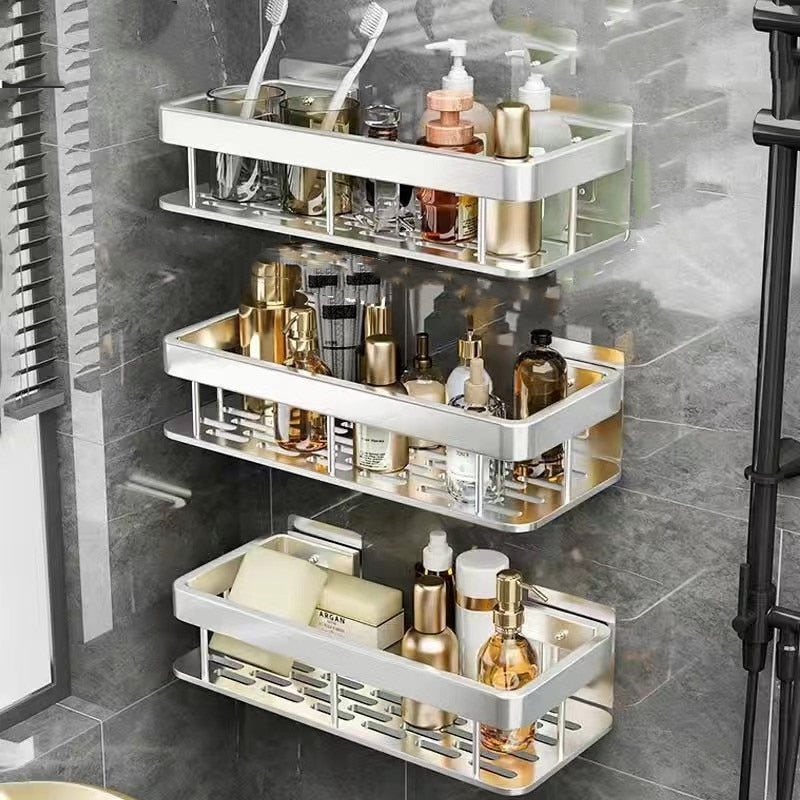 Bathroom Shelving Perforation-Free Bathroom Supplies Toilet Shower Gel Storage Shelving Wall-Mounted Space Aluminum Shelving In
