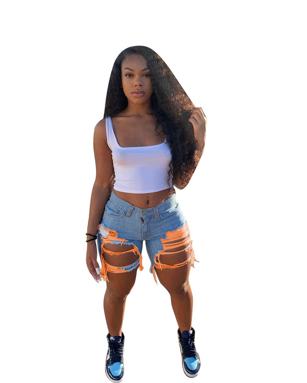 2021 summer skinny short pants high waist ripped colorful jean biker distressed cut up shorts women