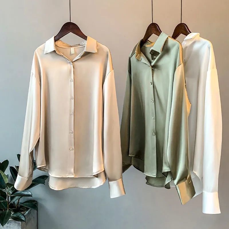 Wholesale Autumn Spring Korea straight retro design women stain shirt solid color long sleeve causal lady's tops blouse shirt