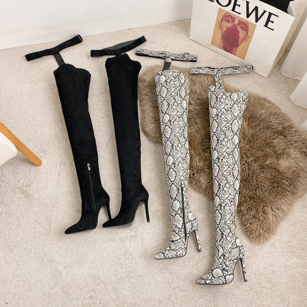 fashionable luxury sexy shoes snakeskin designer womens heel long heels leather dancer stripper high knee boots women shoes
