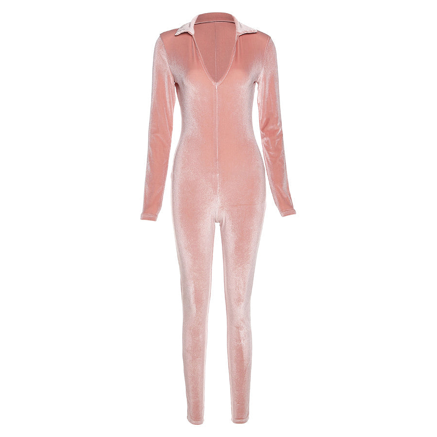 kliou k21q06900 2021 new arrivals stretch v neck velvet long sleeve jumpsuits women one piece jumpsuit