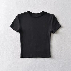Round neck solid color short sleeve T-shirt summer style women's new tight crop top shirts