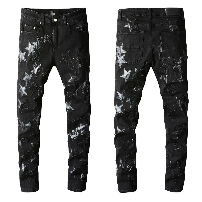 Guys Rip Slim Fit Skinny Man Pants Orange Star Patches Trendy Long Straight Hip Hop With Hole Blue Mens Jeans