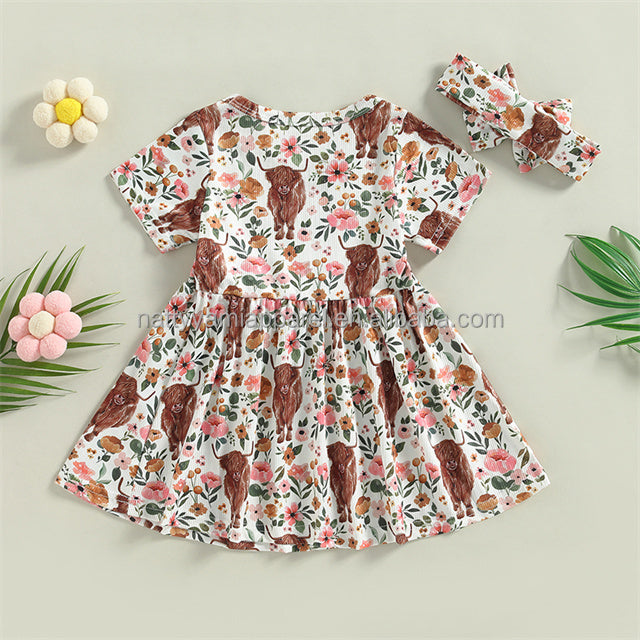 1Pcs Custom Logo RTS  Toddler Short Sleeve Cow Floral Print Girls Kids Dress