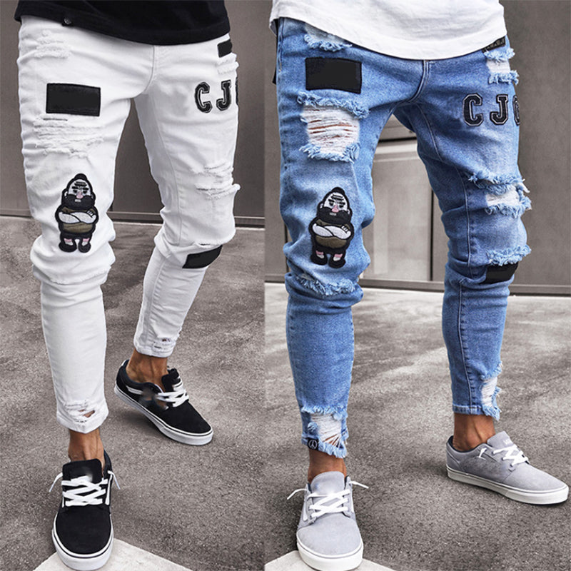 New Italy Style Men's Distressed Destroyed Badge Pants Art Patches Skinny Biker White Jeans Slim Trousers men denim jeans