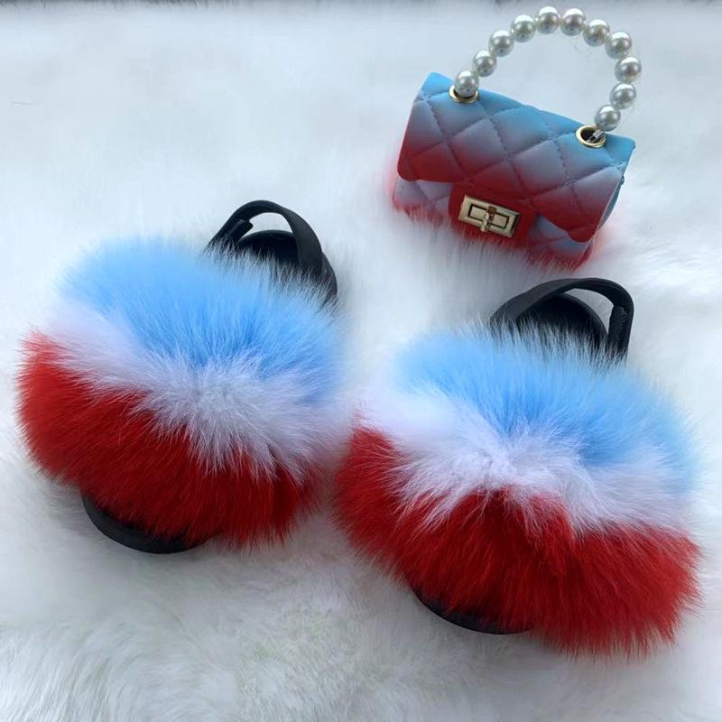 new arrival wholesale colorful fur cute raccoon fox fur slippers summer toddler fur slides kids girls shoes and bags set 2021