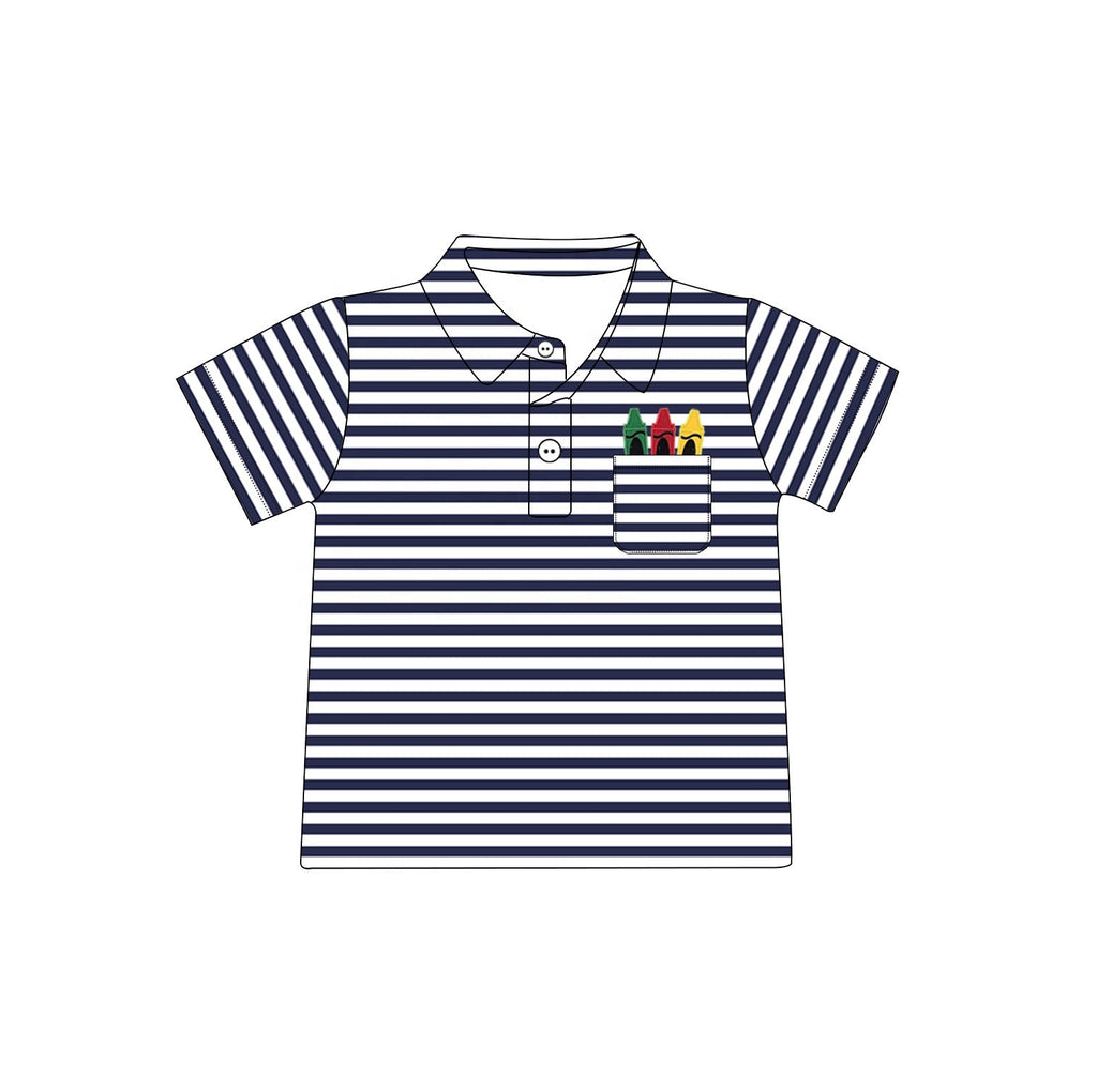 Puresun custom school baby boy clothing crayon appliques navy stripe cotton kids shirt boy polo shirts