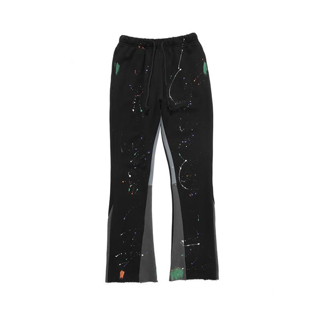 Dongguan City Streetwear Men Sweat Pants Joggers Graffiti Paint Splatter Stacked Custom Logo 100% cotton Flare Sweatpants