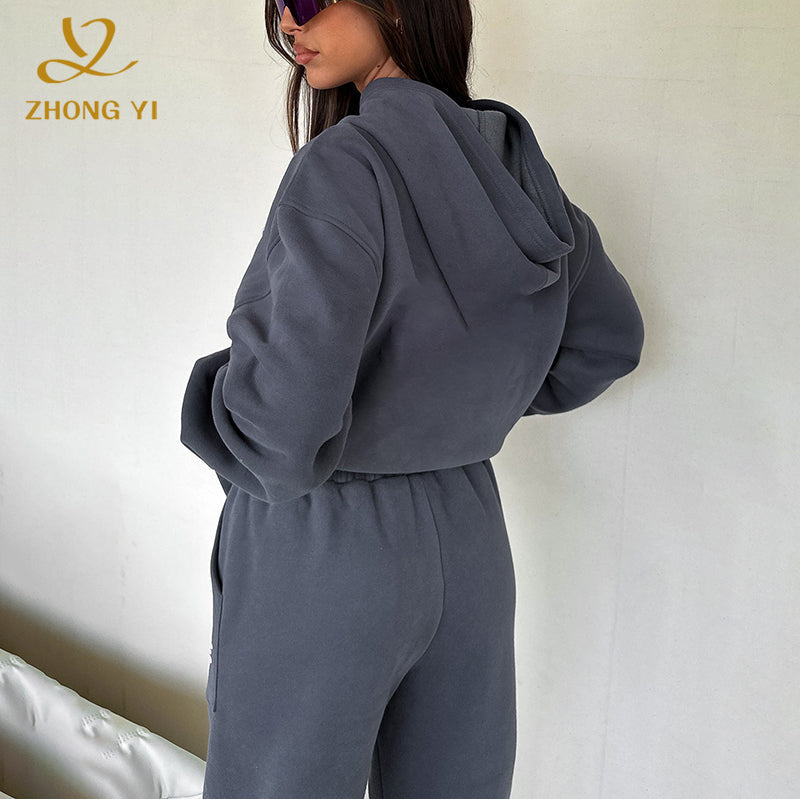 Custom Winter Women Fitness Clothing 2 Piece Mesh Cotton High Quality Long Sleeve Baggy Casual Stringless Pullover Hoodies Set