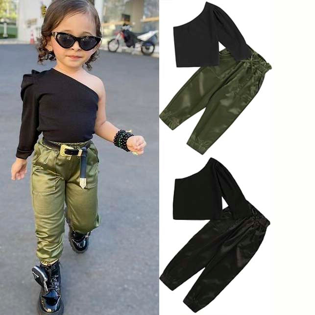 Conyson 2pcs Fashion Autumn Kids Girls Clothes Sets Long Sleeve One Shoulder Solid Tops Elastic Pants Outfits Kids Clothing