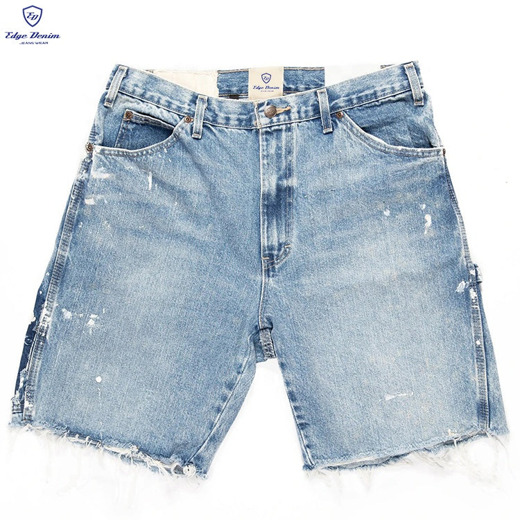 Edge Denim Custom Summer Paint Splatters High Quality Heavy Blue Patch Patchwork Work Jeans Shorts Men