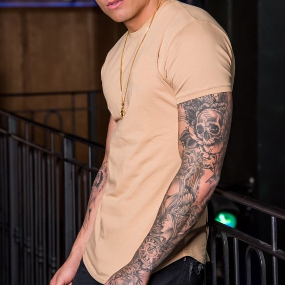 OEM Wholesale 95% Cotton 5% Elastane Men's Slim Fit Tee shirt Longer drop Curved Hem Round Neck Muscle Fitness Mens Gym T-shirts