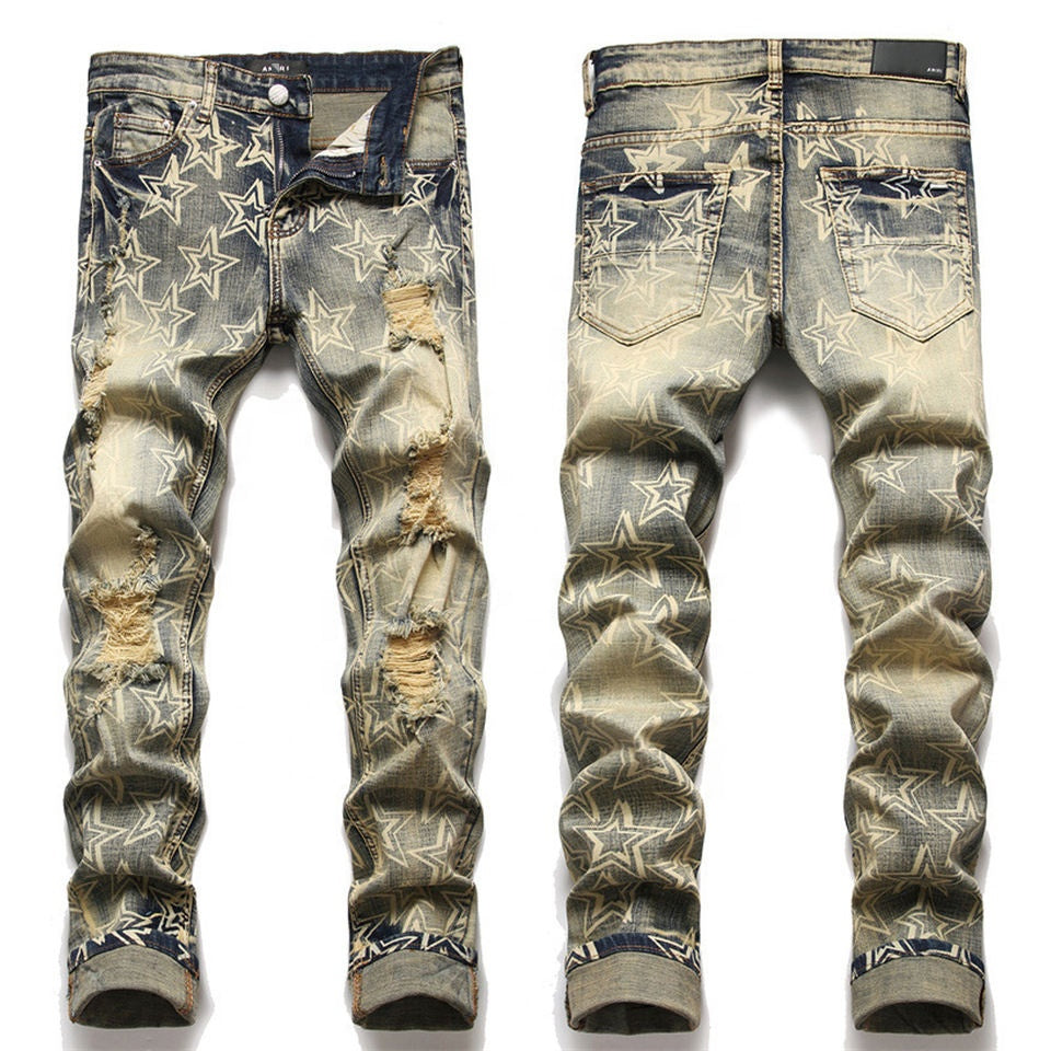 3323 New trendy 2023 y2k clothing denim jeans pants for men vintage blue star patches jeans men custom stacked ripped jeans