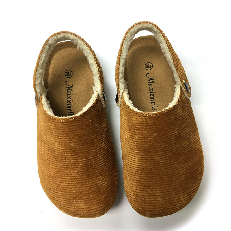 Cute Kid cork sandals cork shoes Autumn and winter cork slippers for boy and gril plus velvet back trip strap covered head