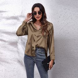 Wholesale multicolor casual shirt women's blouses & shirts fashion plain plus size top satin silk shirts
