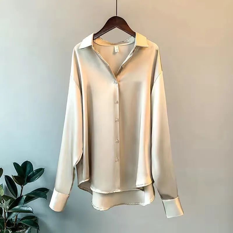 Wholesale Autumn Spring Korea straight retro design women stain shirt solid color long sleeve causal lady's tops blouse shirt