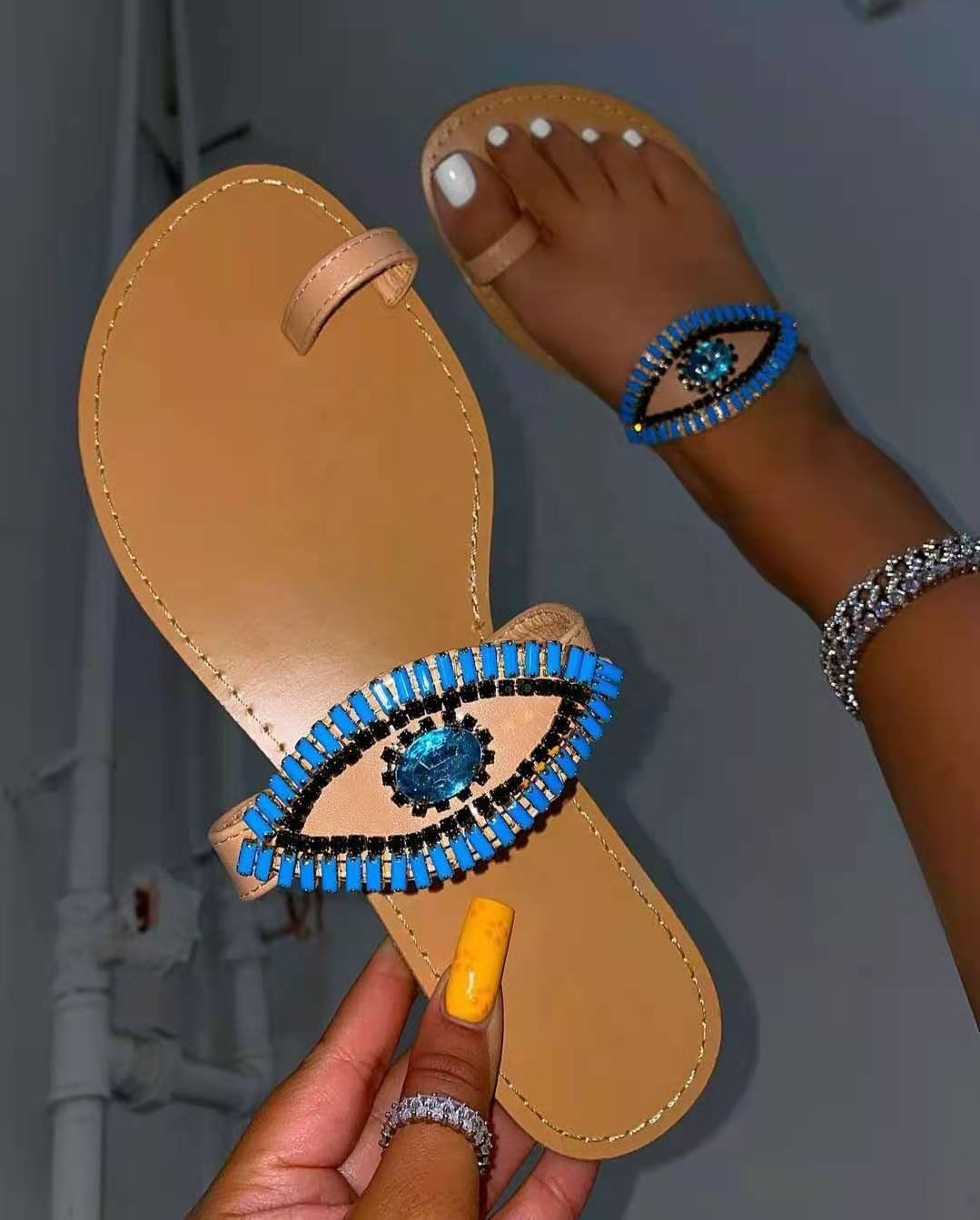 leslides slippers rhinestone diamond flat pu sole toe ring evil eyes sandals 2021 ladies flip flops trendy sandals for women