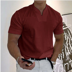 Muscular men's fitness plus-size sports t-shirt men's stretch cotton pocket short-sleeved summer V-neck Polo shirt