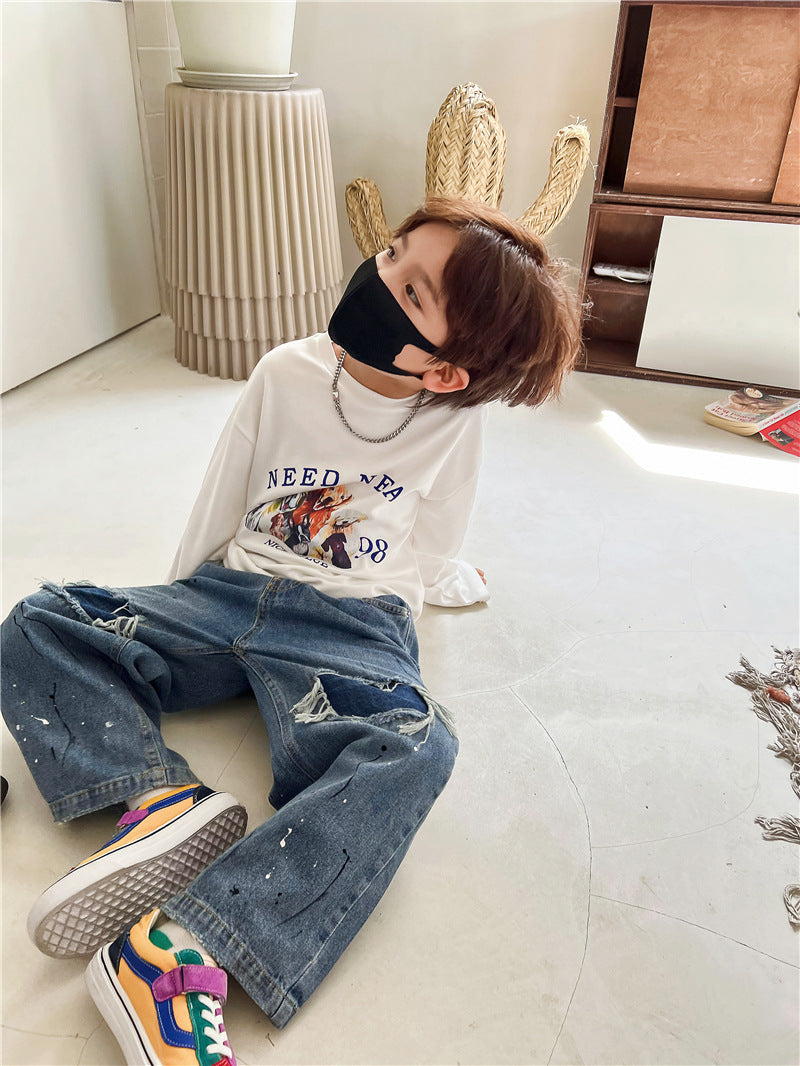 2023 Spring Kids Trousers Boys Fashion Ripped Jeans Baby Girls Loose Casual Denim Pant hole trousers