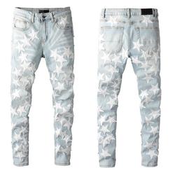 Guys Rip Slim Fit Skinny Man Pants Orange Star Patches Trendy Long Straight Hip Hop With Hole Blue Mens Jeans