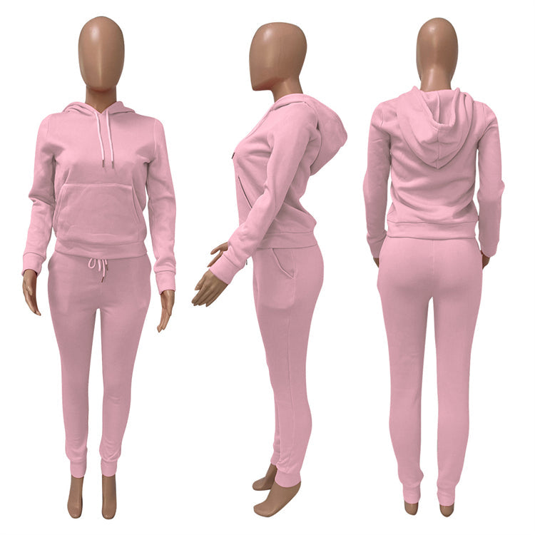 new arrival 2021 autumn winter casual sports solid color hoodie two piece outfits set women clothing two piece pants set
