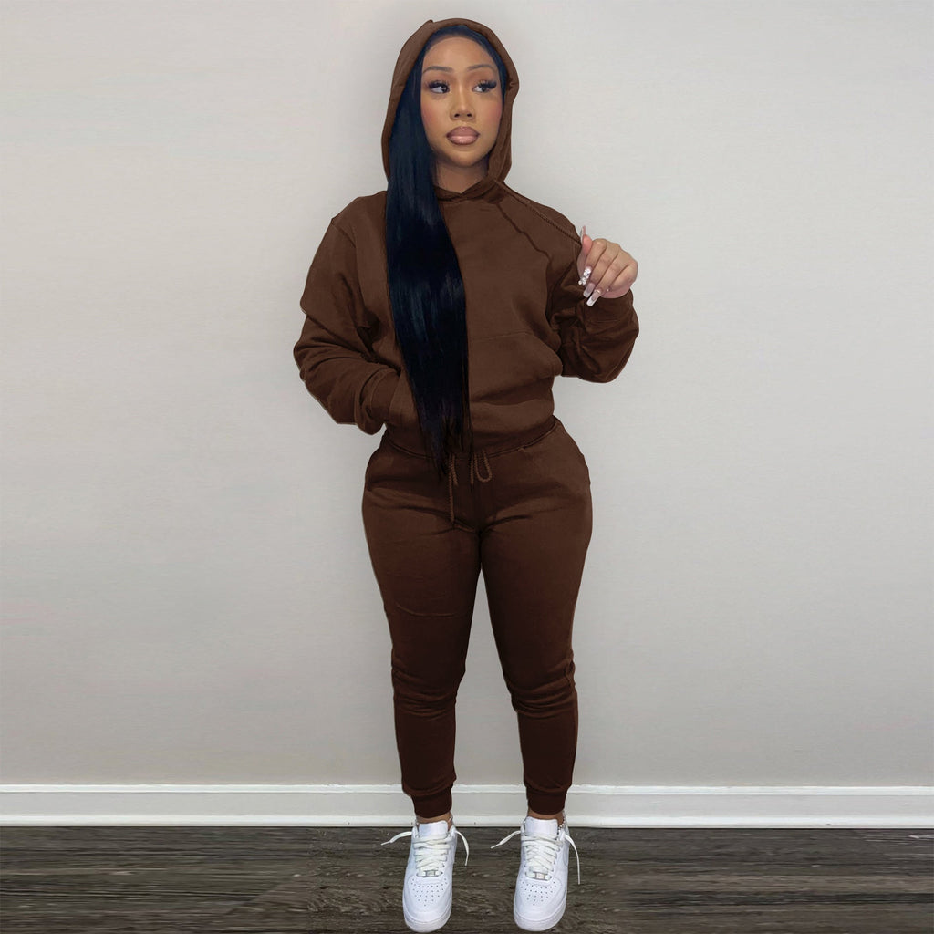 new arrival 2021 autumn winter casual sports solid color hoodie two piece outfits set women clothing two piece pants set