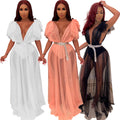 sexy women mesh deep v neck solid color see through long maxi women dress