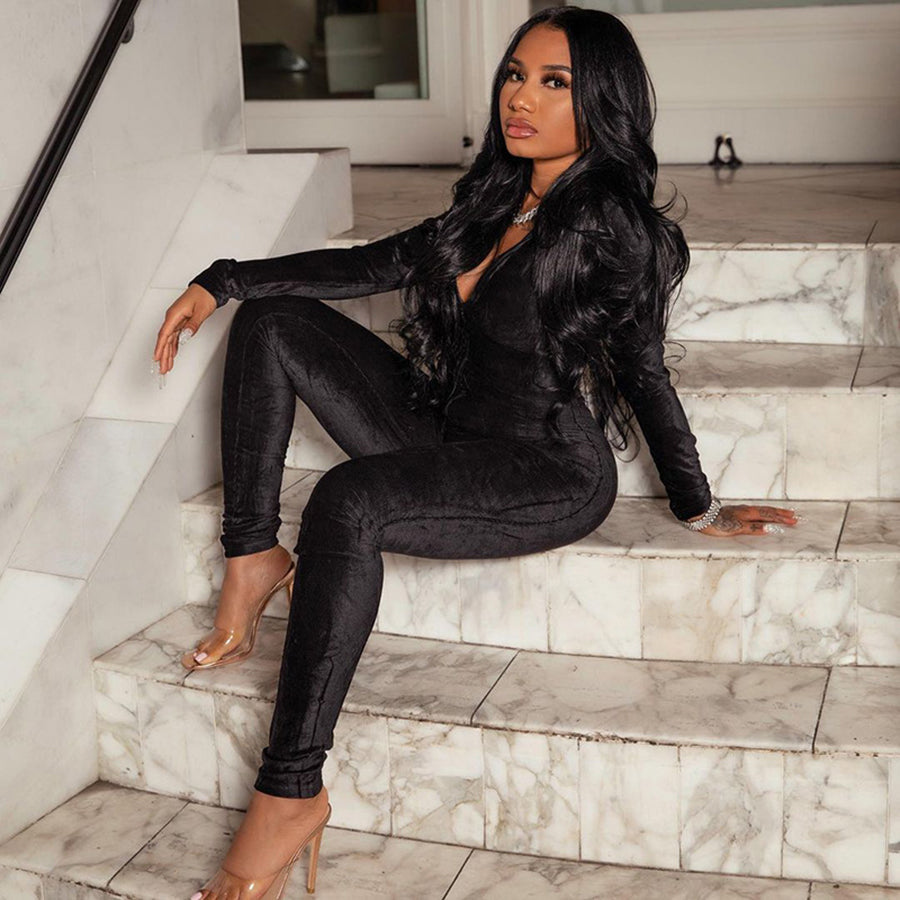 kliou k21q06900 2021 new arrivals stretch v neck velvet long sleeve jumpsuits women one piece jumpsuit