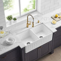CUPC Fireclay Double Bowl Kitchen Basin Sink Farmhouse Apron Front Faucet Modern White 33 inch Ceramic Kitchen Sink