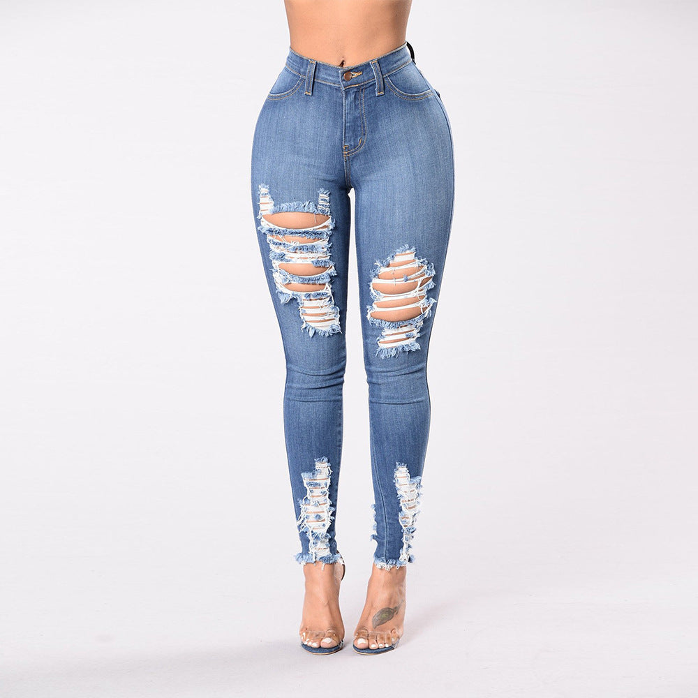Plus size women's ripped elastic slim pants apparel women's clothing demin jeans trousers for women