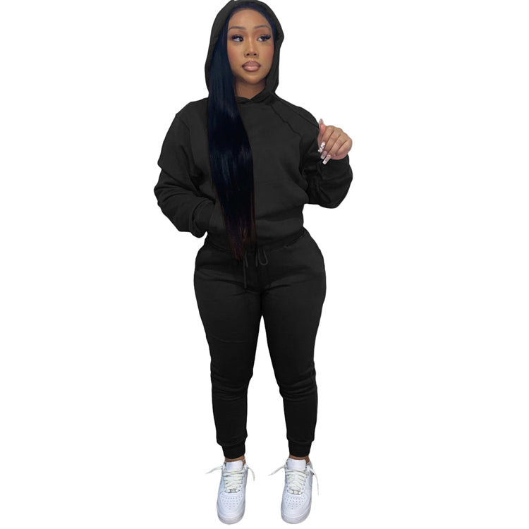 new arrival 2021 autumn winter casual sports solid color hoodie two piece outfits set women clothing two piece pants set