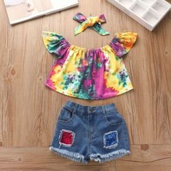 2PCS Set Toddler Kids Baby Girls Outfits Clothes T-Shirt Vest Tops+Shorts Pants