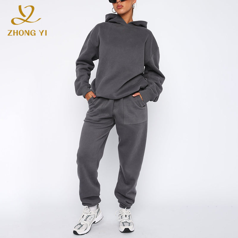 Custom Winter Women Fitness Clothing 2 Piece Mesh Cotton High Quality Long Sleeve Baggy Casual Stringless Pullover Hoodies Set