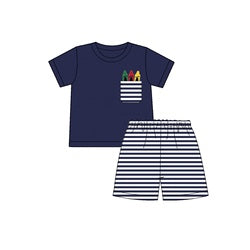 Puresun custom school baby boy clothing crayon appliques navy stripe cotton kids shirt boy polo shirts