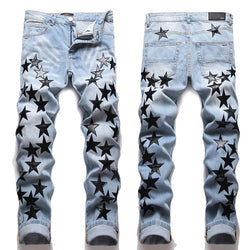 3323 New trendy 2023 y2k clothing denim jeans pants for men vintage blue star patches jeans men custom stacked ripped jeans
