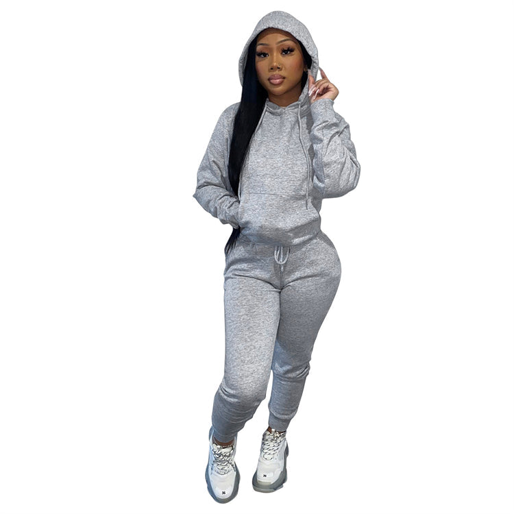 new arrival 2021 autumn winter casual sports solid color hoodie two piece outfits set women clothing two piece pants set
