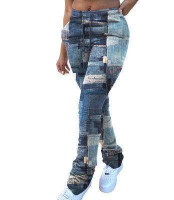 h3618 winter hot selling casual denim printing pocket patchwork drawstring waist stacked long pants