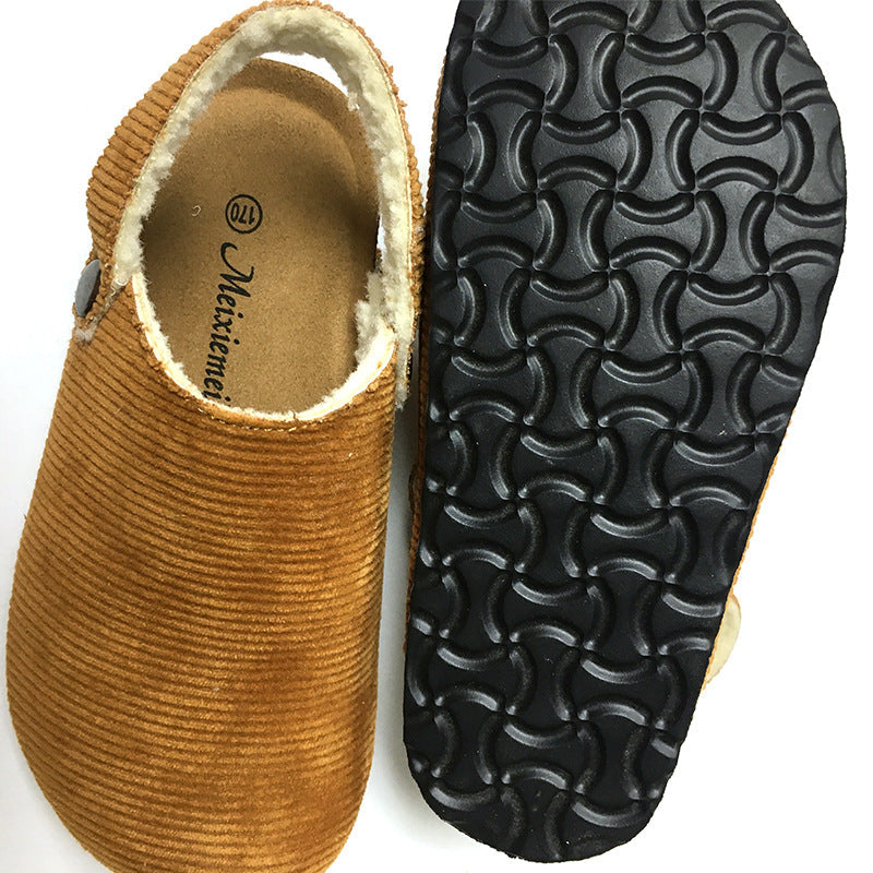 Cute Kid cork sandals cork shoes Autumn and winter cork slippers for boy and gril plus velvet back trip strap covered head