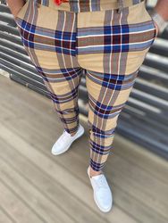 Custom Fashion Slim Fit Men Plaid Dress Pants  Casual Office Skinny Khaki Men Trousers