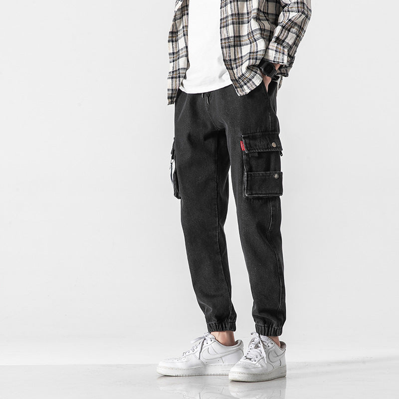 casual young style jeans pants for men middle waist slim pockets mens denim trousers 2021 fall casual streetwear