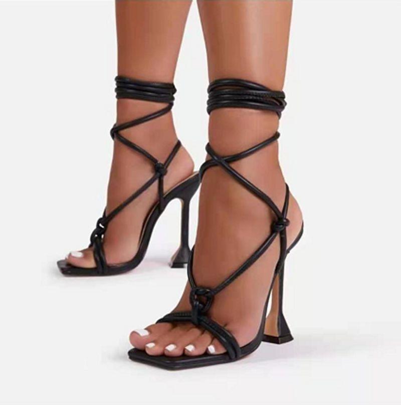 dropshipping shoes cross strap heels for ladies bandage sandals for woman sexy square toe heels