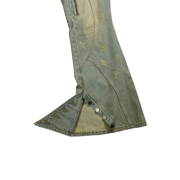 DiZNEW Vintage Stacked Pants 100% Cotton Wholesale Men Side Button Jeans Flared Denim Jeans