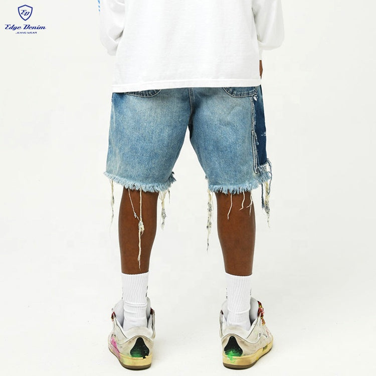 Edge Denim Custom Summer Paint Splatters High Quality Heavy Blue Patch Patchwork Work Jeans Shorts Men