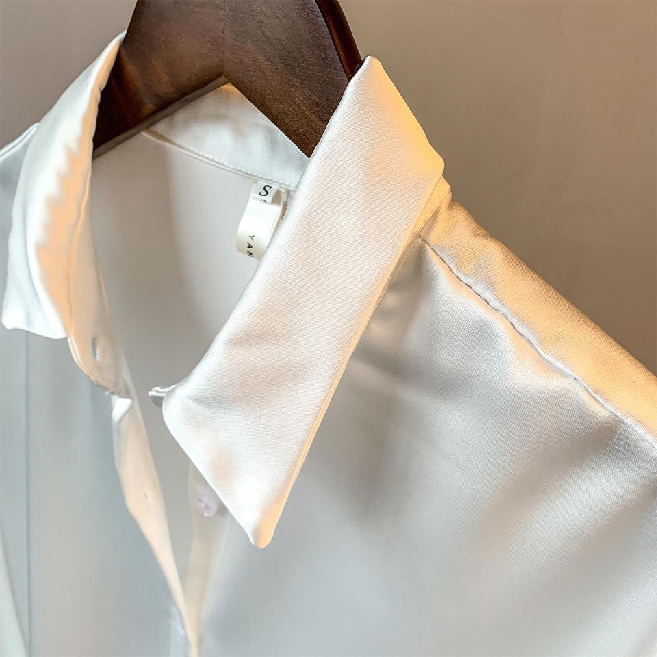 Breathable Solid Silk Women Blouse Ladies Long Sleeve Satin Shirts V Neck Office White Blouse Shirt Women Tops