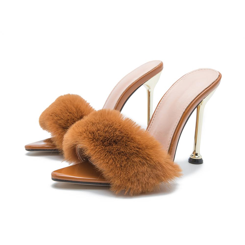 fashion trend 2021 new real rabbit hair iron heel pointed super high heel womens sandals 4 colors into 35 42